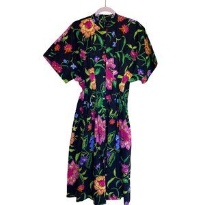 Natori Womens Shirt Dress Size 2 Black Floral Midi Pleated Waist Casual